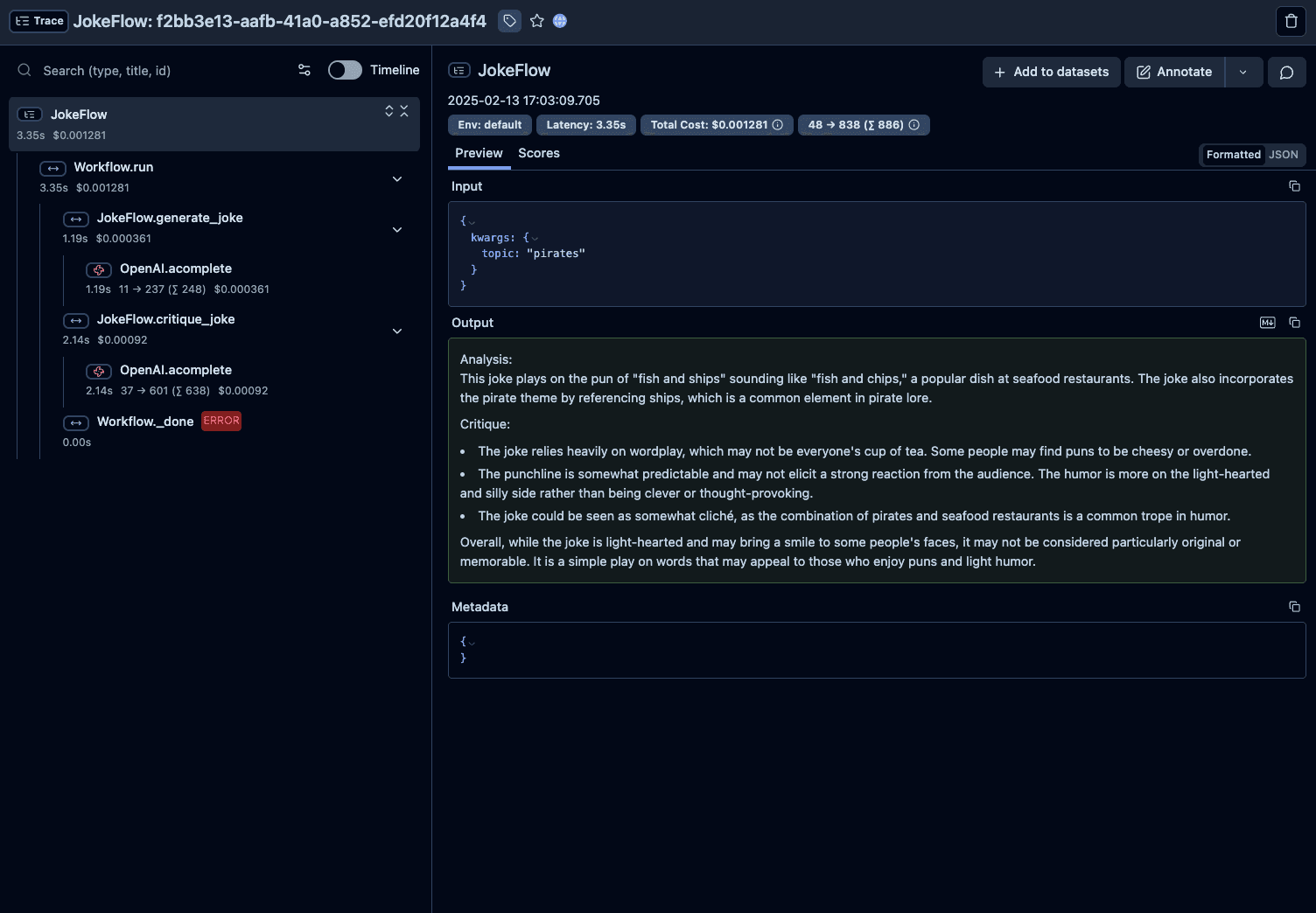 LlamaIndex Agents trace visualization in Langfuse